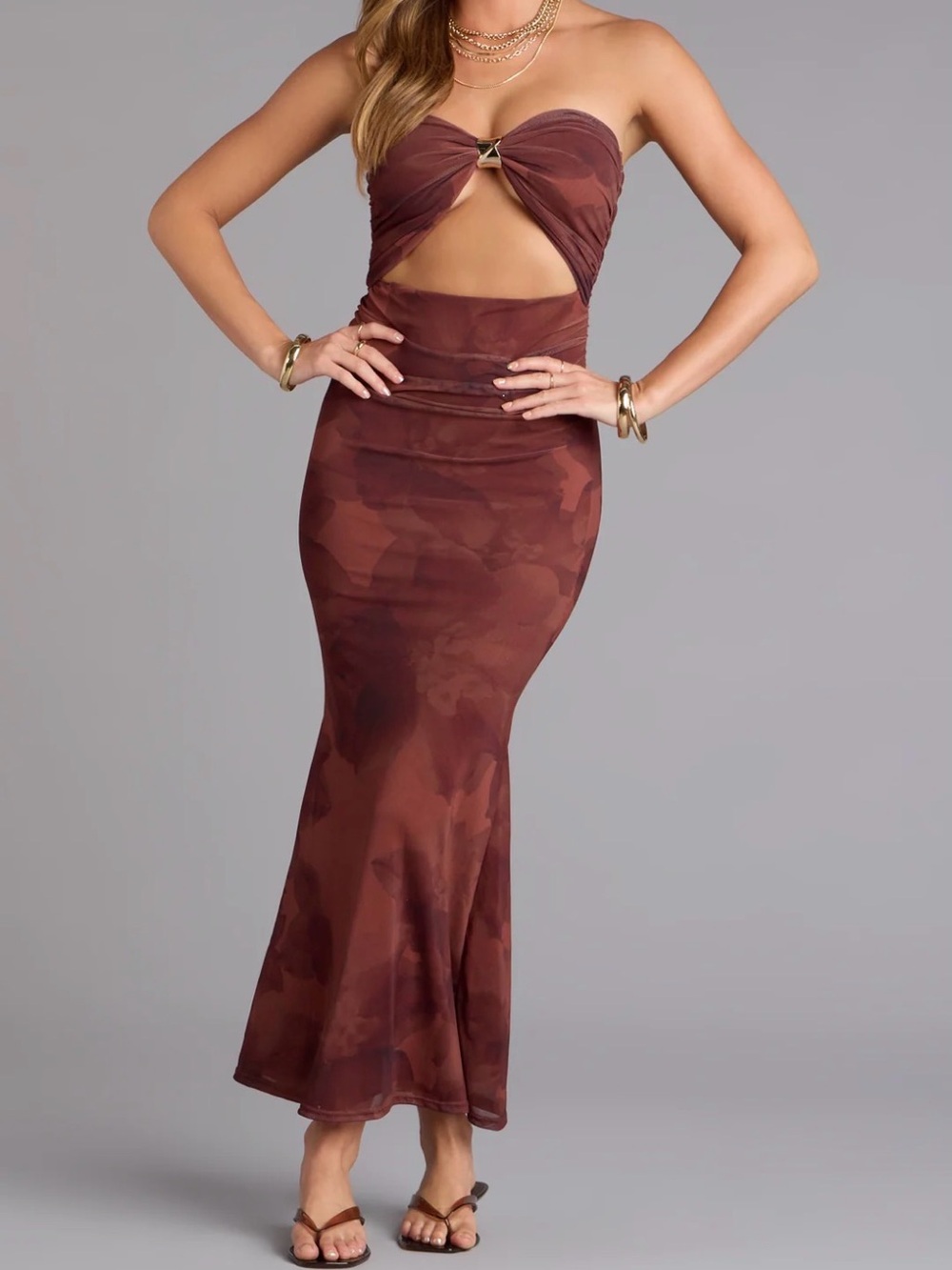 Windsor Strapless Cutout Maxi Dress in Brown